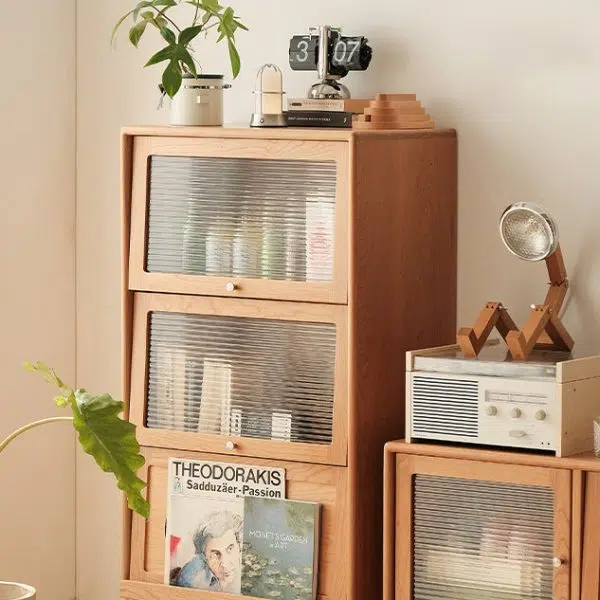 Contemporary Scandinavian Pine Glass Stainless Steel Metal Curved Rectangle Side Table 3-Storage For Living Room & Dining Room - Image 7