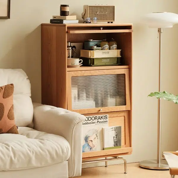 Contemporary Scandinavian Pine Glass Stainless Steel Metal Curved Rectangle Side Table 3-Storage For Living Room & Dining Room - Image 11