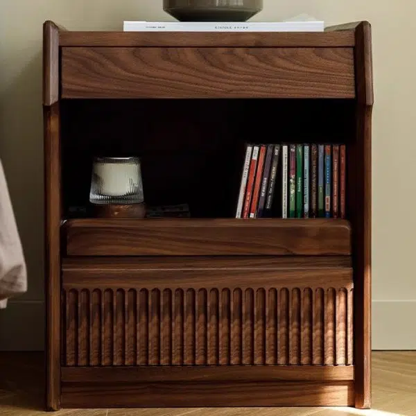 Contemporary Scandinavian Black Walnut Rectangular Textured Nightstand With 2 Tiers For Bedroom - Image 3