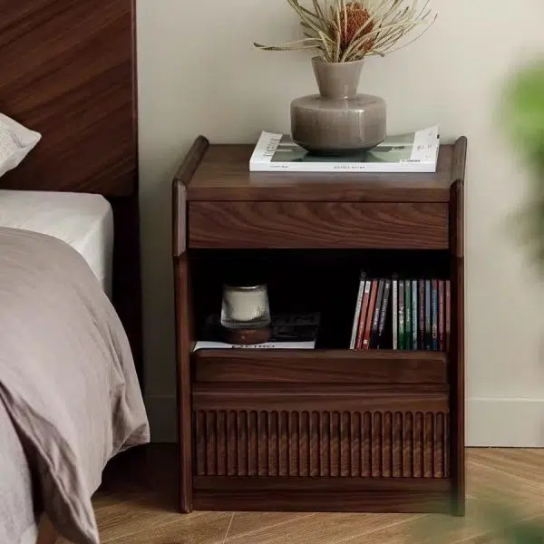 Contemporary Scandinavian Black Walnut Rectangular Textured Nightstand With 2 Tiers For Bedroom - Image 2