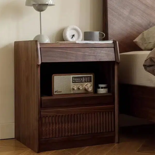 Contemporary Scandinavian Black Walnut Rectangular Textured Nightstand With 2 Tiers For Bedroom
