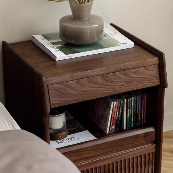 Contemporary Scandinavian Black Walnut Rectangular Textured Nightstand With 2 Tiers For Bedroom - Image 6