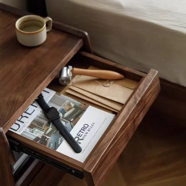 Contemporary Scandinavian Black Walnut Rectangular Textured Nightstand With 2 Tiers For Bedroom - Image 5