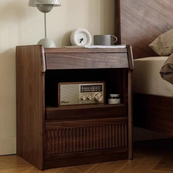 Contemporary Scandinavian Black Walnut Rectangular Textured Nightstand With 2 Tiers For Bedroom - Image 14