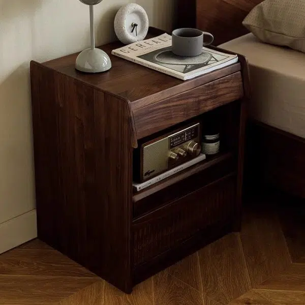 Contemporary Scandinavian Black Walnut Rectangular Textured Nightstand With 2 Tiers For Bedroom - Image 10