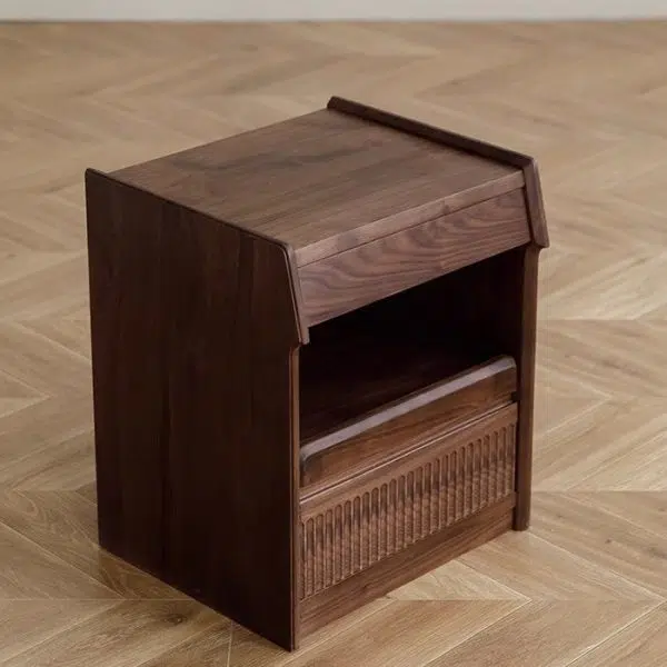 Contemporary Scandinavian Black Walnut Rectangular Textured Nightstand With 2 Tiers For Bedroom - Image 11