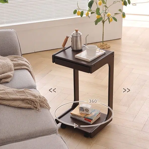 Contemporary Creative Solid Wood Rounded Square C-Shaped Side Table With 2 Tiers For Bedroom & Living Room - Image 11