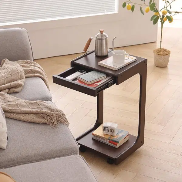 Contemporary Creative Solid Wood Rounded Square C-Shaped Side Table With 2 Tiers For Bedroom & Living Room - Image 3