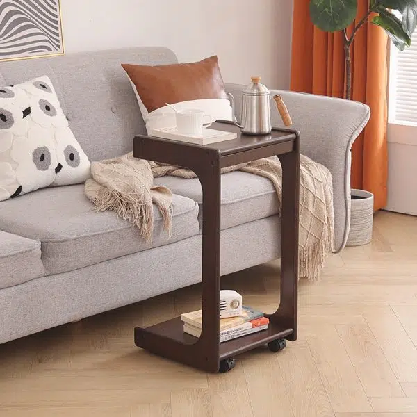 Contemporary Creative Solid Wood Rounded Square C-Shaped Side Table With 2 Tiers For Bedroom & Living Room - Image 2