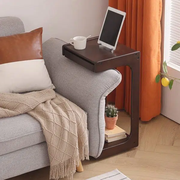 Contemporary Creative Solid Wood Rounded Square C-Shaped Side Table With 2 Tiers For Bedroom & Living Room - Image 13