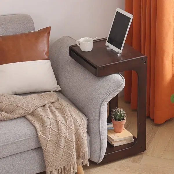 Contemporary Creative Solid Wood Rounded Square C-Shaped Side Table With 2 Tiers For Bedroom & Living Room - Image 12