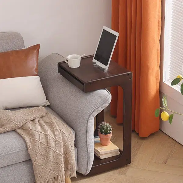 Contemporary Creative Solid Wood Rounded Square C-Shaped Side Table With 2 Tiers For Bedroom & Living Room - Image 9