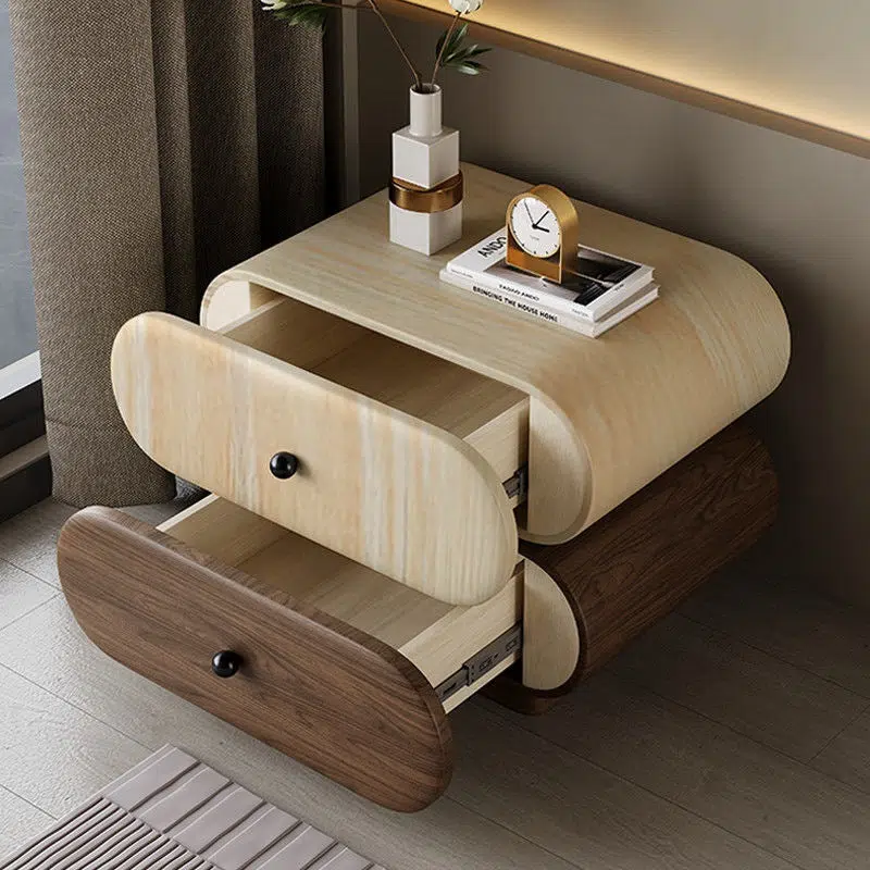 DFM-Table-BW02046-12.jpg Contemporary Creative Faux Leather Solid Wood Metal Rounded Rectangular Oval Nightstand 2-Drawer For Bedroom - Image 11