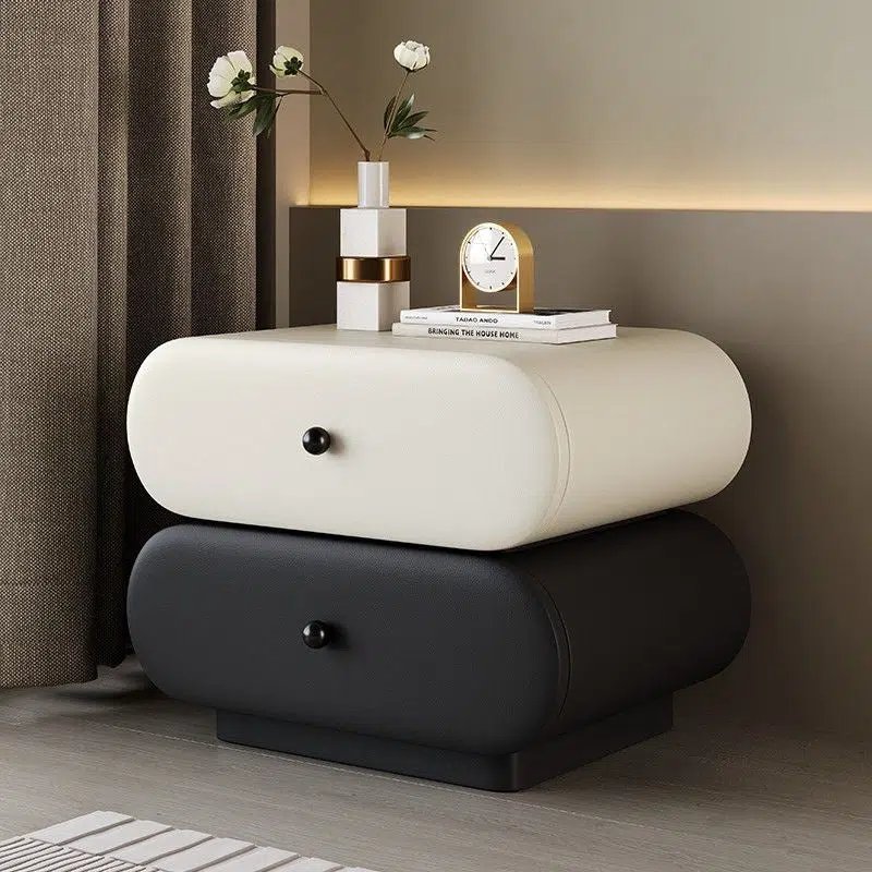 DFM-Table-BW02046-3-0da57642-fe26-401c-82bf-6ddc01232f75.jpg Contemporary Creative Faux Leather Solid Wood Metal Rounded Rectangular Oval Nightstand 2-Drawer For Bedroom - Image 15