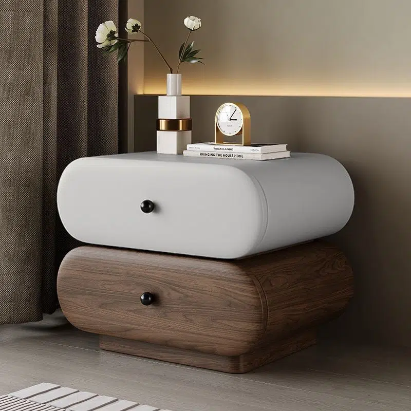 DFM-Table-BW02046-6.jpg Contemporary Creative Faux Leather Solid Wood Metal Rounded Rectangular Oval Nightstand 2-Drawer For Bedroom - Image 13