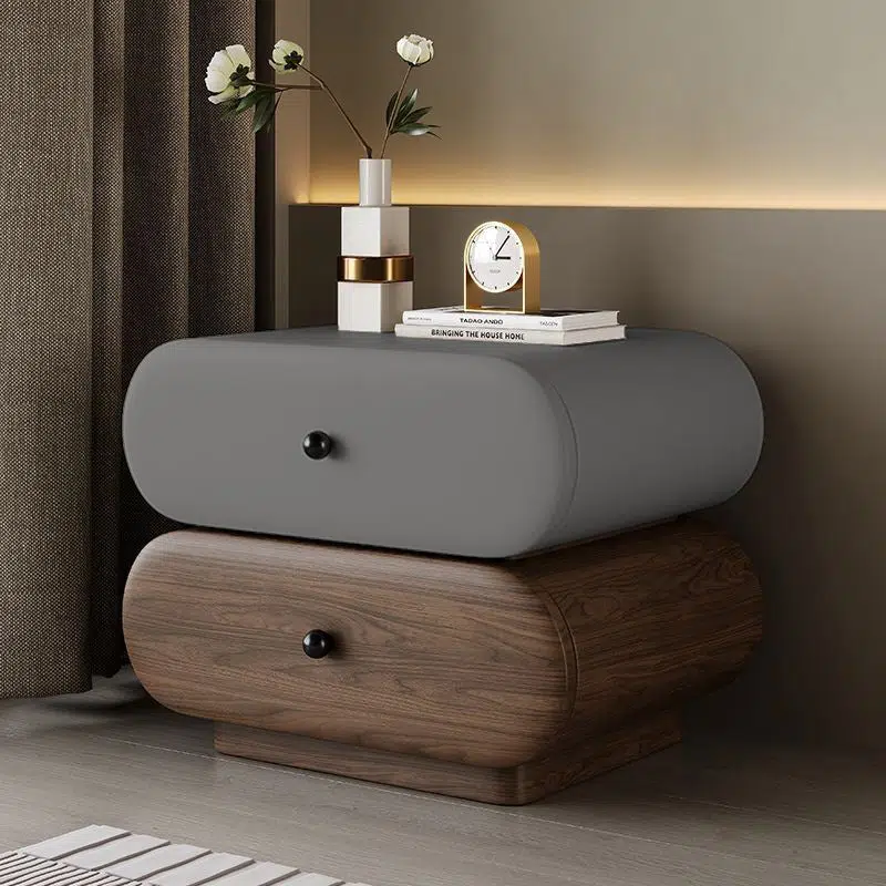 DFM-Table-BW02046-7.jpg Contemporary Creative Faux Leather Solid Wood Metal Rounded Rectangular Oval Nightstand 2-Drawer For Bedroom - Image 3