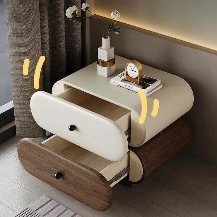 DFM-Table-BW02046-8-0158bd90-bd1c-44aa-aa96-06eb60fa9302.jpg Contemporary Creative Faux Leather Solid Wood Metal Rounded Rectangular Oval Nightstand 2-Drawer For Bedroom - Image 10
