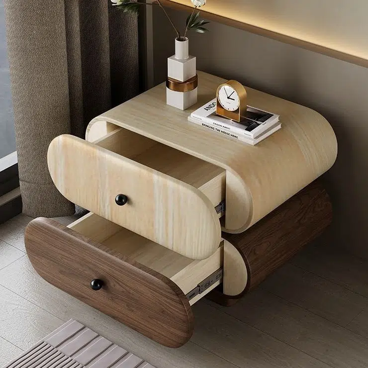 DFM-Table-BW02046-9-18b34bfc-7c82-4ef5-89cc-fdb4d6a637af.jpg Contemporary Creative Faux Leather Solid Wood Metal Rounded Rectangular Oval Nightstand 2-Drawer For Bedroom - Image 9