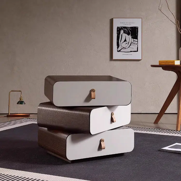 DFM-Table-BW02048-7.jpg Contemporary Creative Engineered Wood & Solid Wood Stacked Rounded Nightstand 3-Drawer For Bedroom - Image 8