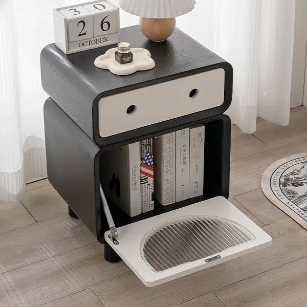 Contemporary Creative Medium-Density Fiberboard Robot-Shaped Rounded Square Nightstand With 2 Drawers For Bedroom - Image 8
