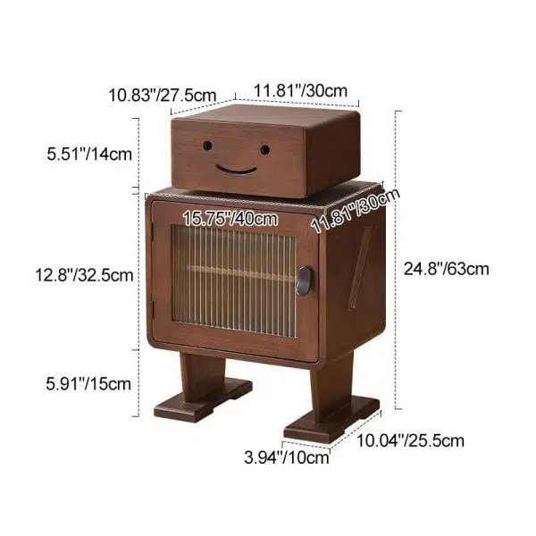 Contemporary Creative Solid Wood Glass Rounded Robot-Shaped Nightstand With 2 Storage For Bedroom & Living Room - Image 4