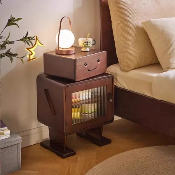 Contemporary Creative Solid Wood Glass Rounded Robot-Shaped Nightstand With 2 Storage For Bedroom & Living Room - Image 2