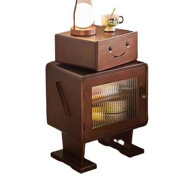 Contemporary Creative Solid Wood Glass Rounded Robot-Shaped Nightstand With 2 Storage For Bedroom & Living Room - Image 21