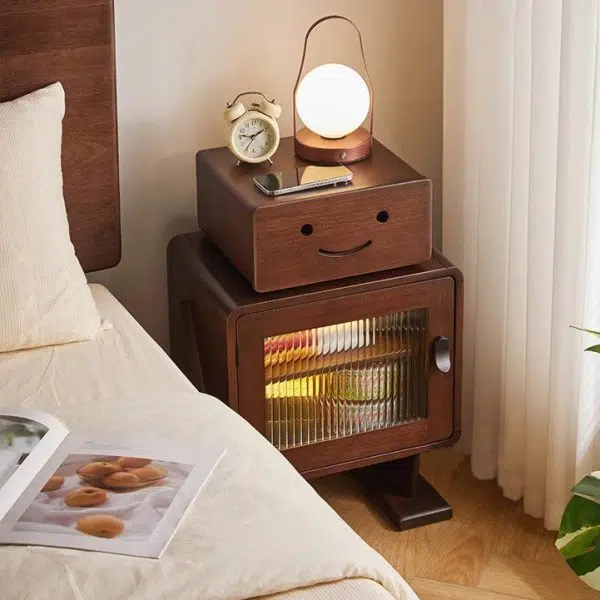 Contemporary Creative Solid Wood Glass Rounded Robot-Shaped Nightstand With 2 Storage For Bedroom & Living Room - Image 16