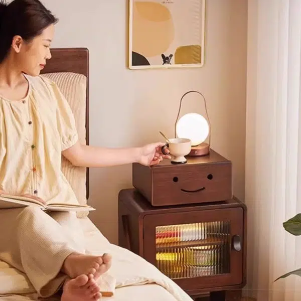 Contemporary Creative Solid Wood Glass Rounded Robot-Shaped Nightstand With 2 Storage For Bedroom & Living Room - Image 17