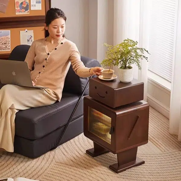 Contemporary Creative Solid Wood Glass Rounded Robot-Shaped Nightstand With 2 Storage For Bedroom & Living Room - Image 19