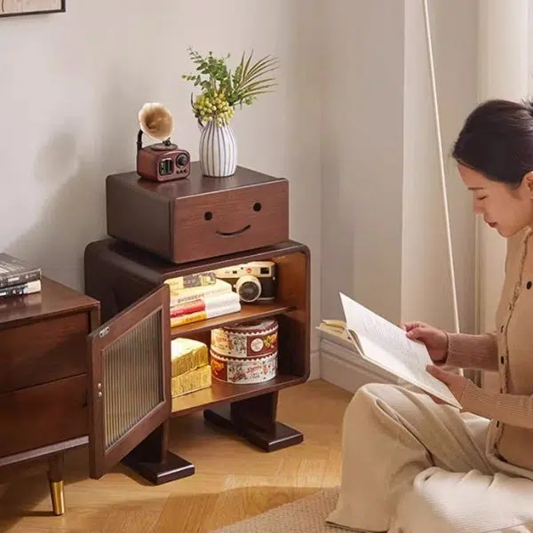 Contemporary Creative Solid Wood Glass Rounded Robot-Shaped Nightstand With 2 Storage For Bedroom & Living Room - Image 20