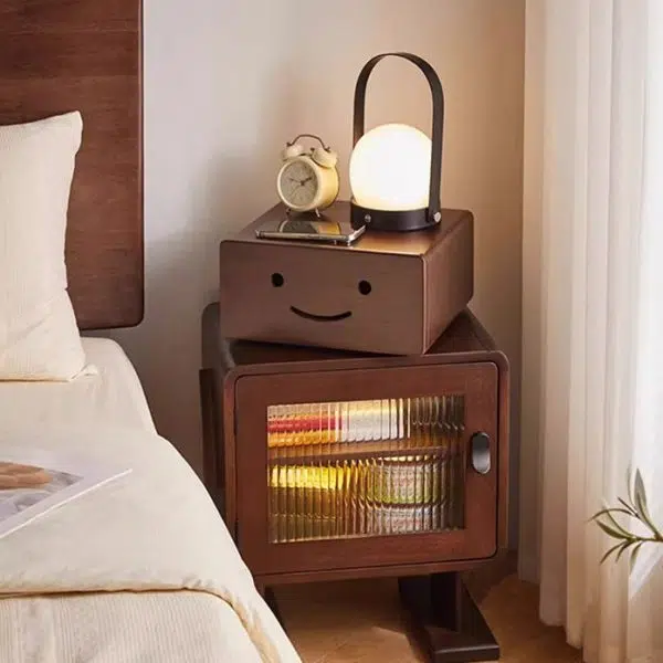 Contemporary Creative Solid Wood Glass Rounded Robot-Shaped Nightstand With 2 Storage For Bedroom & Living Room - Image 3