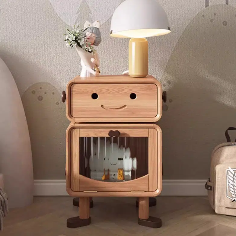 DFM-Table-BW02129-1-daed85b7-b997-4adf-bcd4-3df5d6eba94e.jpg Contemporary Creative Solid Wood Glass Cylindrical Robot Nightstand With 1 Drawer For Bedroom - Image 1