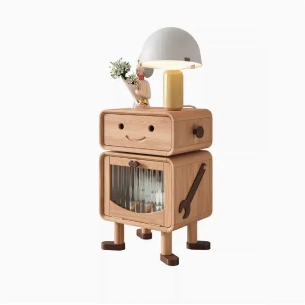 Contemporary Creative Solid Wood Glass Cylindrical Robot Nightstand With 1 Drawer For Bedroom - Image 9