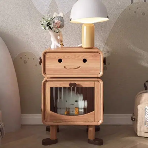 Contemporary Creative Solid Wood Glass Cylindrical Robot Nightstand With 1 Drawer For Bedroom - Image 5