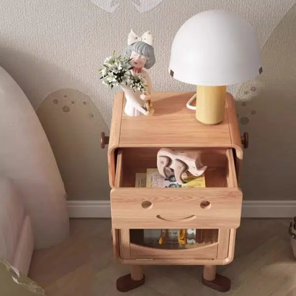 Contemporary Creative Solid Wood Glass Cylindrical Robot Nightstand With 1 Drawer For Bedroom - Image 6
