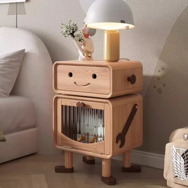 Contemporary Creative Solid Wood Glass Cylindrical Robot Nightstand With 1 Drawer For Bedroom - Image 2