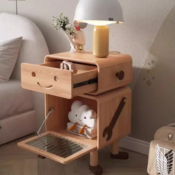 Contemporary Creative Solid Wood Glass Cylindrical Robot Nightstand With 1 Drawer For Bedroom - Image 3