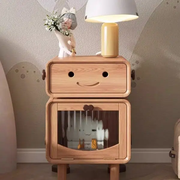 Contemporary Creative Solid Wood Glass Cylindrical Robot Nightstand With 1 Drawer For Bedroom - Image 7