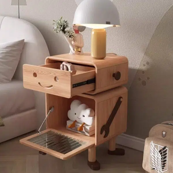 Contemporary Creative Solid Wood Glass Cylindrical Robot Nightstand With 1 Drawer For Bedroom - Image 8