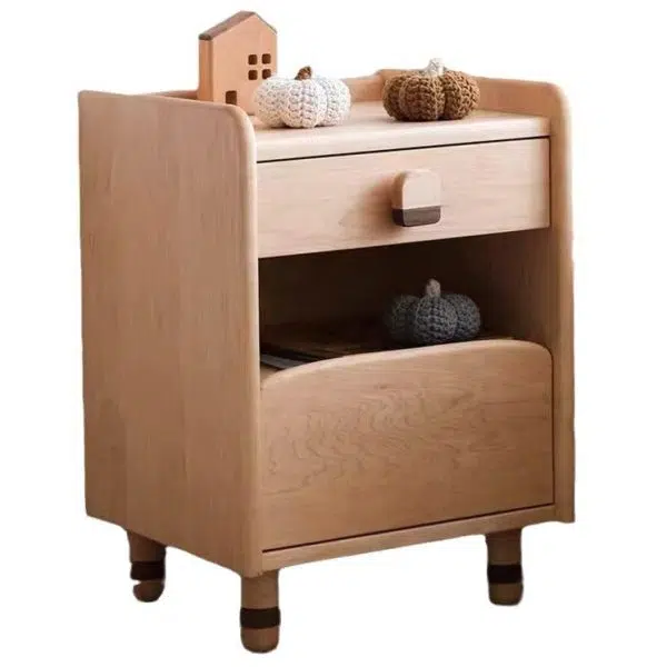 Contemporary Scandinavian Cherry Wood Rounded Rectangle Nightstand With 2 Tiers For Bedroom - Image 7