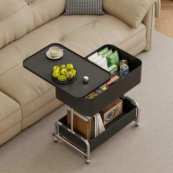 Contemporary Creative Medium-Density Fiberboard Metal Rounded Square Mobile End Table With 2 Tiers For Living Room - Image 3