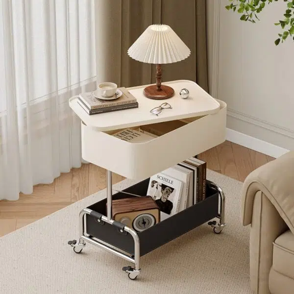 Contemporary Creative Medium-Density Fiberboard Metal Rounded Square Mobile End Table With 2 Tiers For Living Room - Image 2