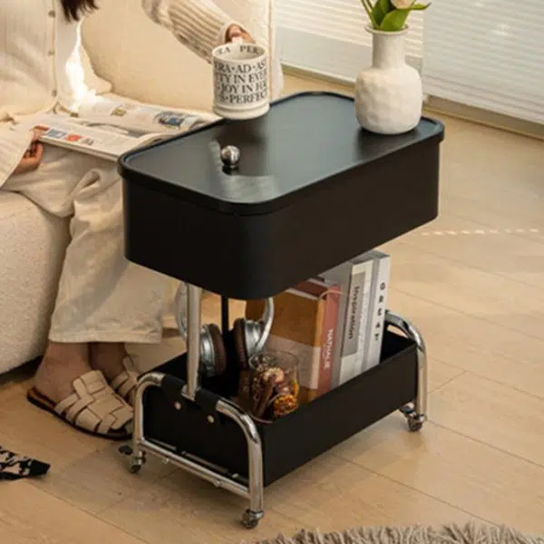 Contemporary Creative Medium-Density Fiberboard Metal Rounded Square Mobile End Table With 2 Tiers For Living Room - Image 8