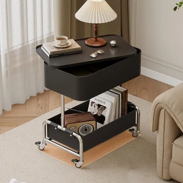 Contemporary Creative Medium-Density Fiberboard Metal Rounded Square Mobile End Table With 2 Tiers For Living Room - Image 7