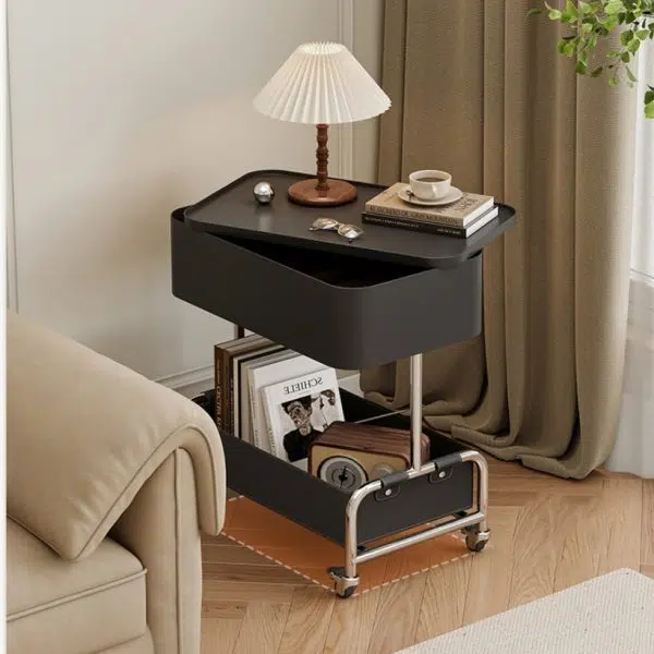 Contemporary Creative Medium-Density Fiberboard Metal Rounded Square Mobile End Table With 2 Tiers For Living Room - Image 10