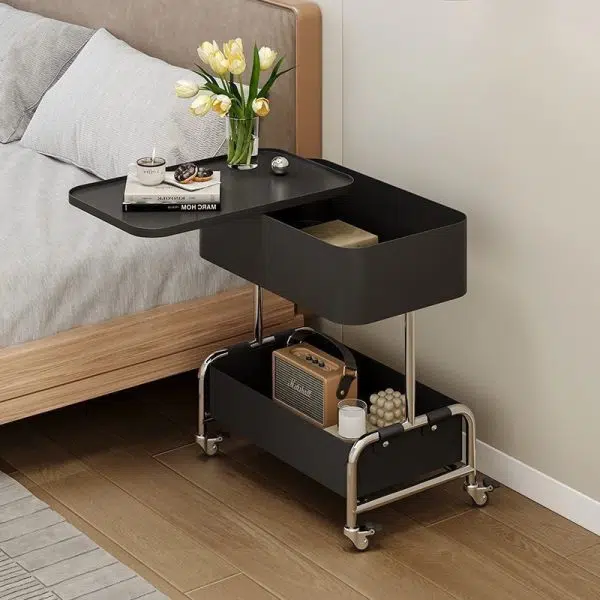 Contemporary Creative Medium-Density Fiberboard Metal Rounded Square Mobile End Table With 2 Tiers For Living Room - Image 9