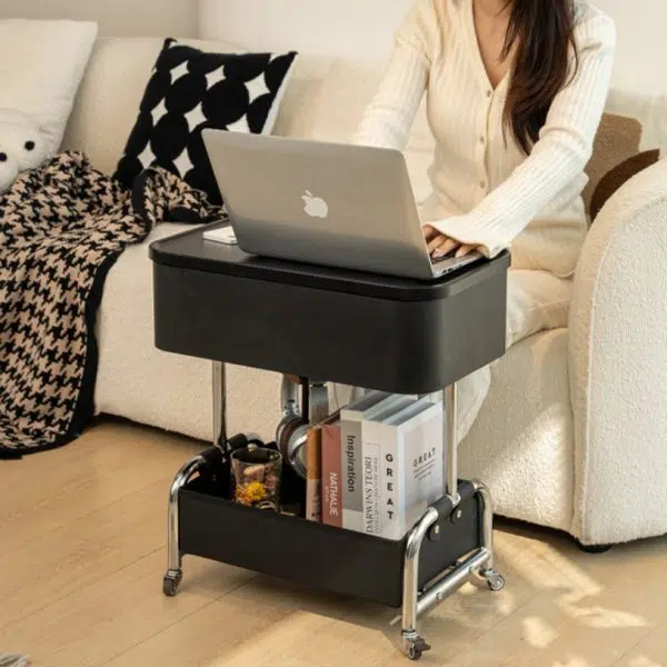 Contemporary Creative Medium-Density Fiberboard Metal Rounded Square Mobile End Table With 2 Tiers For Living Room - Image 11