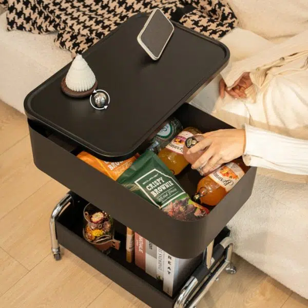 Contemporary Creative Medium-Density Fiberboard Metal Rounded Square Mobile End Table With 2 Tiers For Living Room - Image 12