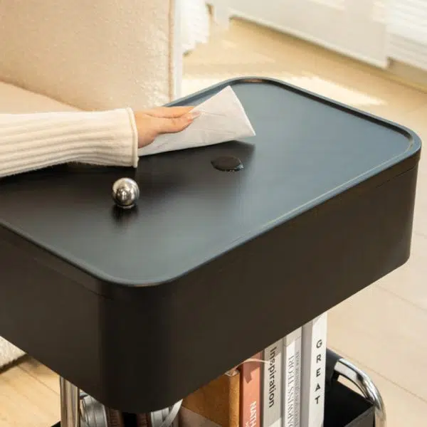 Contemporary Creative Medium-Density Fiberboard Metal Rounded Square Mobile End Table With 2 Tiers For Living Room - Image 6